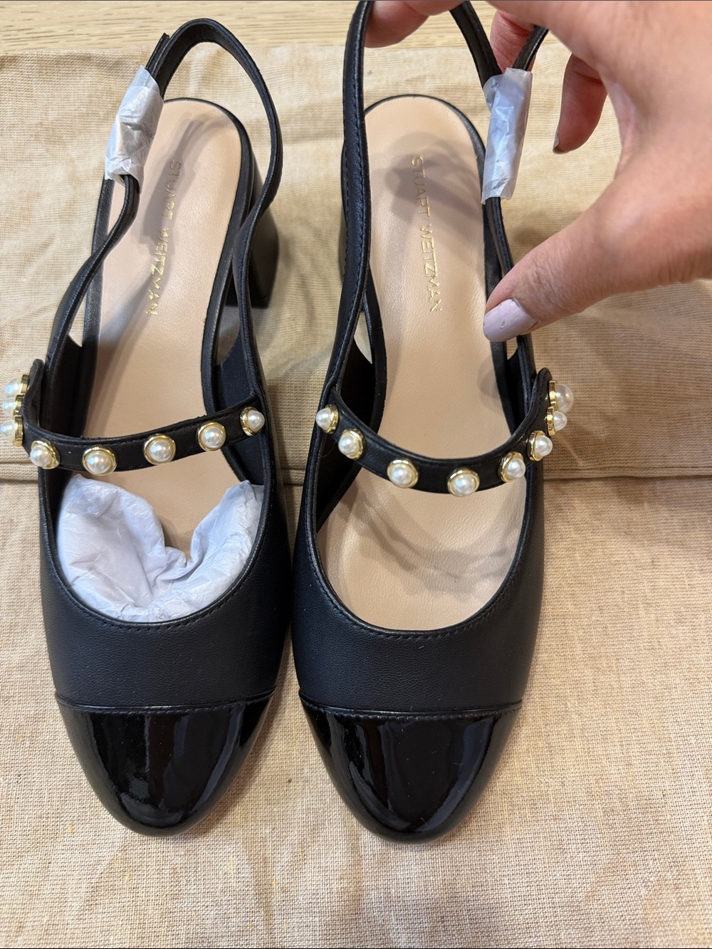 Stuart Weitzman Black Pearl-Embellished Slingback Mules